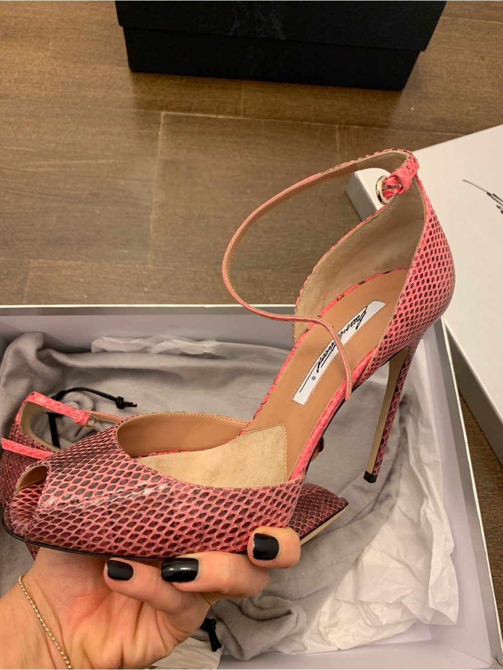 Brian Atwood Pink Snake-Print Ankle-Strap Peep-Toe High Heels